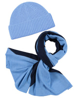 Kaschmir-Mütze + Schal mit geometrischem Muster - Himmelblau