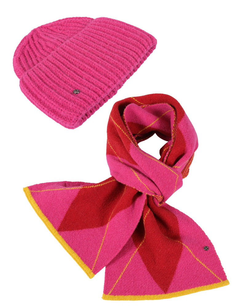 SET Strickmütze + Rautenschal - Pink+Multi Rot