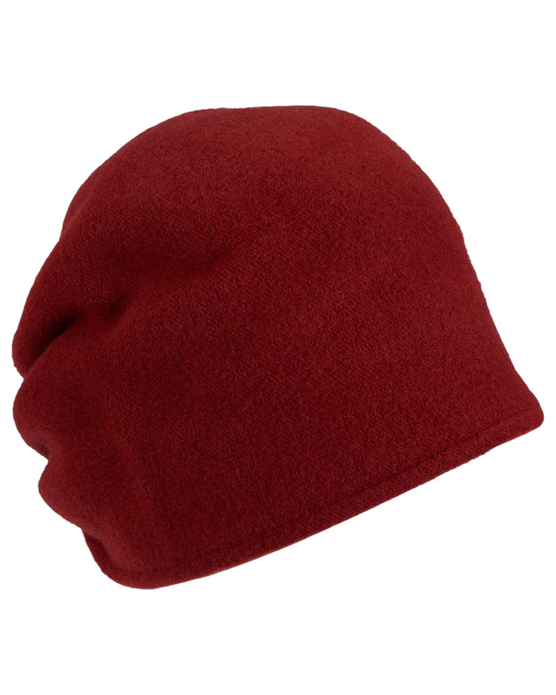 Woll-Beanie, hinten gerafft in uni Rubin