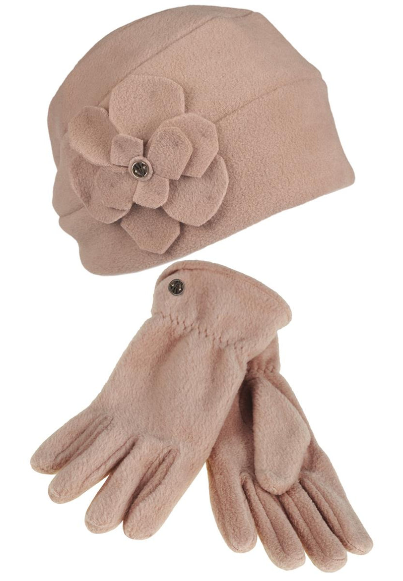 PolarSoft ® Beanie mit Blume + Handschuh - Beige