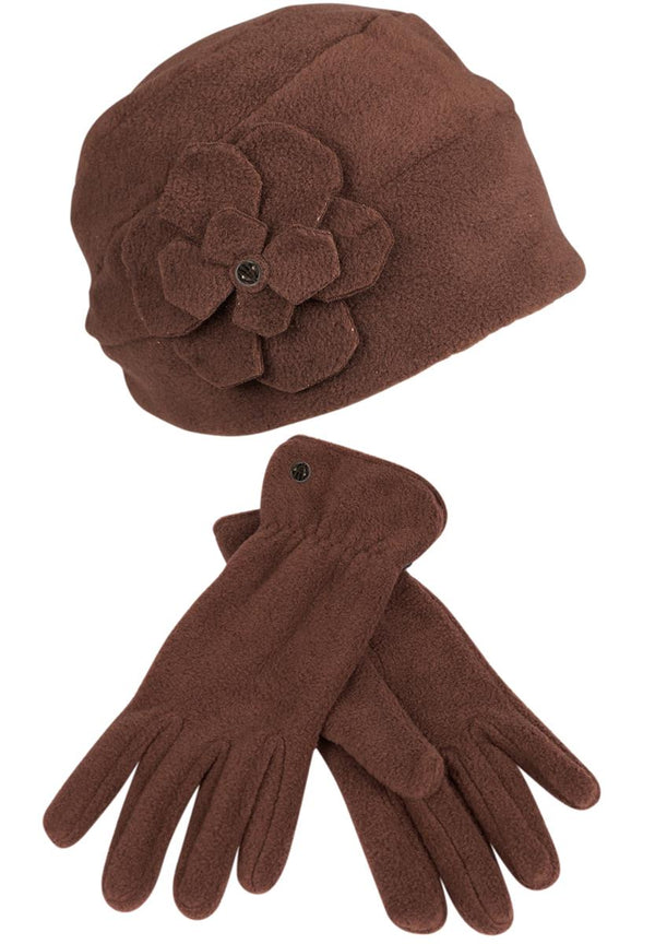 PolarSoft ® Beanie mit Blume + Handschuh - Braun