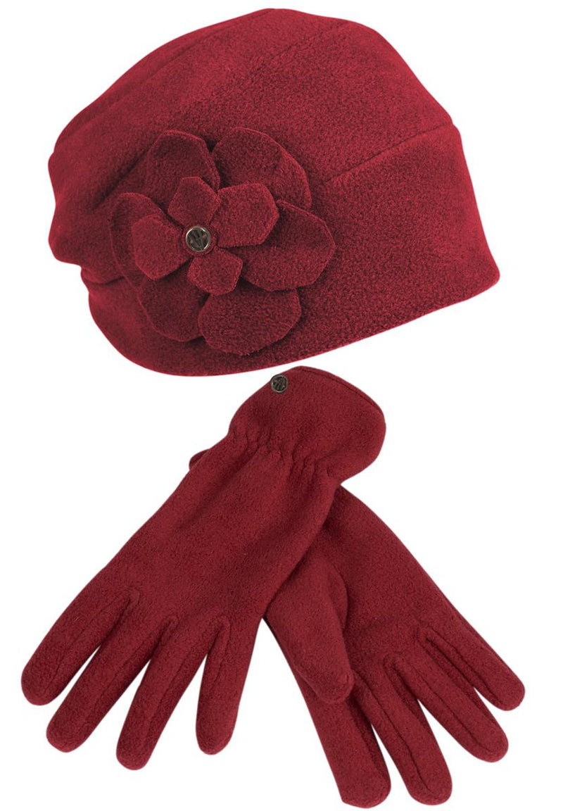 PolarSoft ® Beanie mit Blume + Handschuh - Dunkel Rot