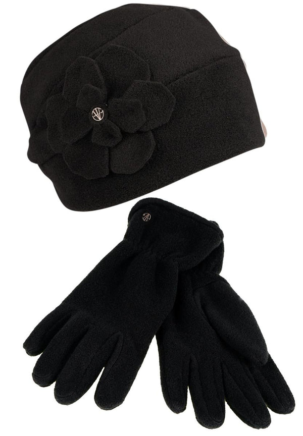 PolarSoft ® Beanie mit Blume + Handschuh - Schwarz