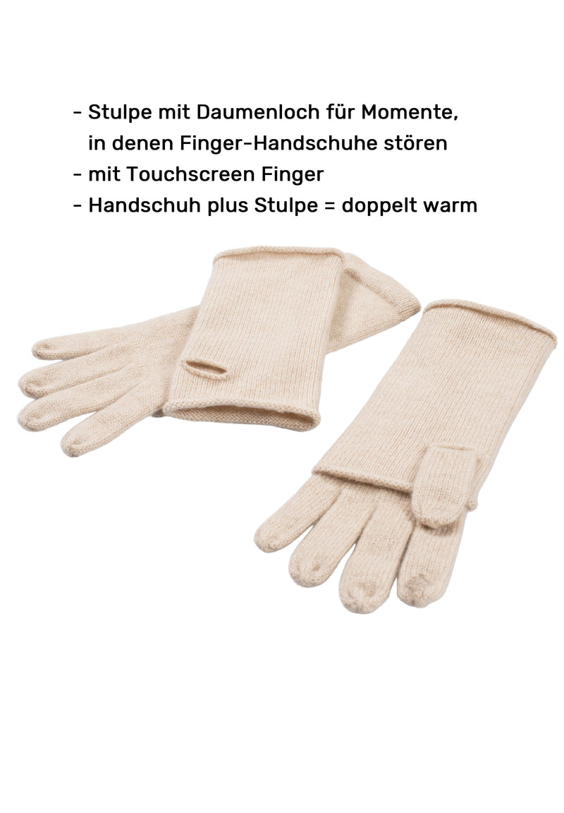 Kaschmir-Beanie, Handschuh + Schal mit geometrischem Muster - Beige meliert