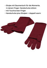 Kaschmir-Mütze, Handschuh + Schal mit Fischgrät-Muster - Rubin