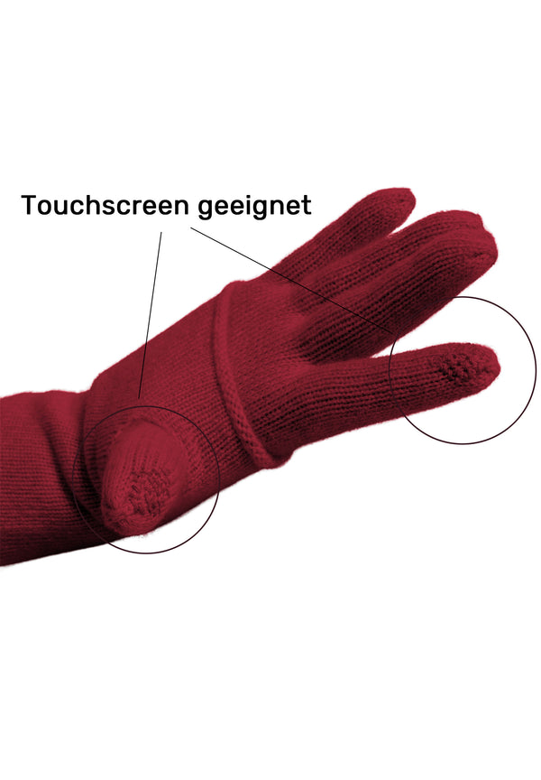 Kaschmir-Beanie, Handschuh + Schal mit Fischgrät-Muster - Rubin