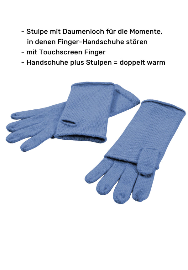 Kaschmir-Mütze, hoch, Handschuh + Schal mit Fischgrät-Muster - Himmelblau