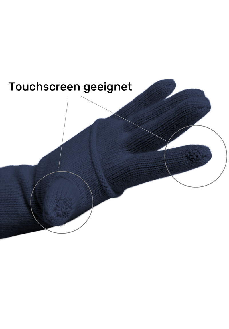 Kaschmir-Mütze, Handschuh + Schal mit geometrischem Muster - Marine