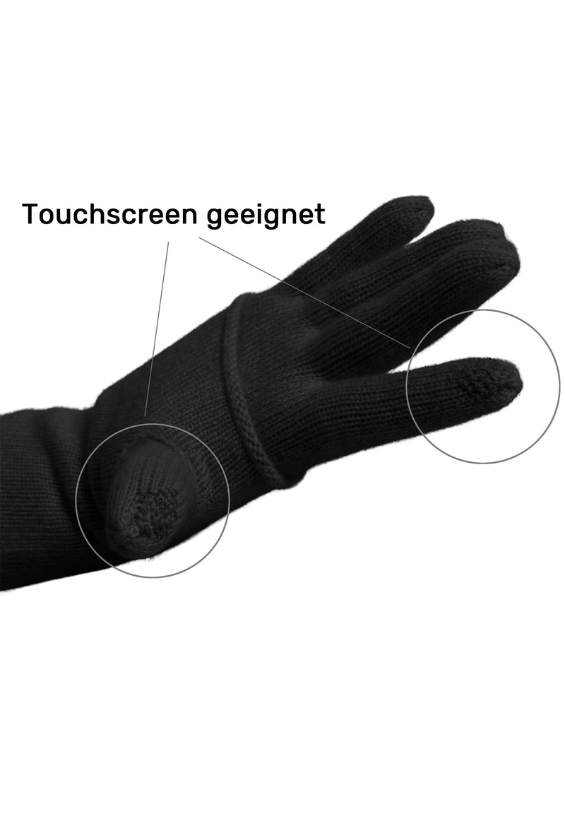 Kaschmir-Mütze, Handschuh + Schal mit Fischgrät-Muster - Schwarz