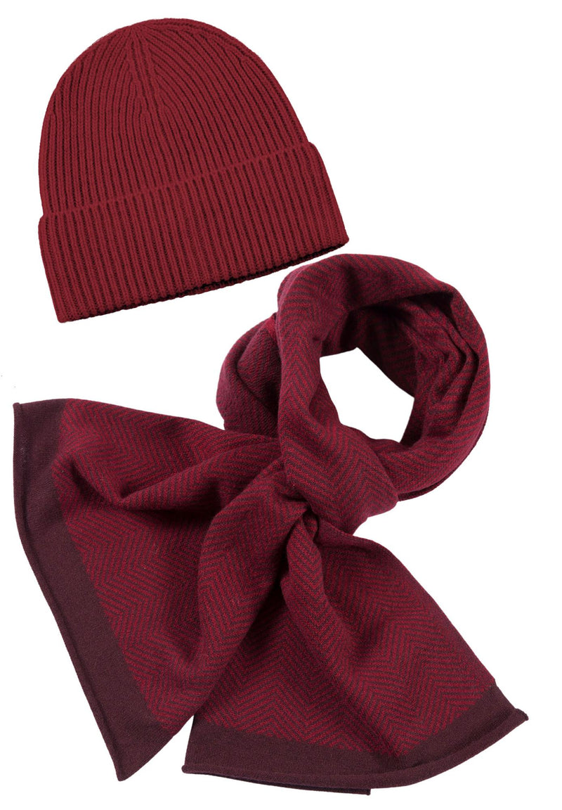 Kaschmir-Mütze, hoch + Schal mit Fischgrät-Muster - Rubin