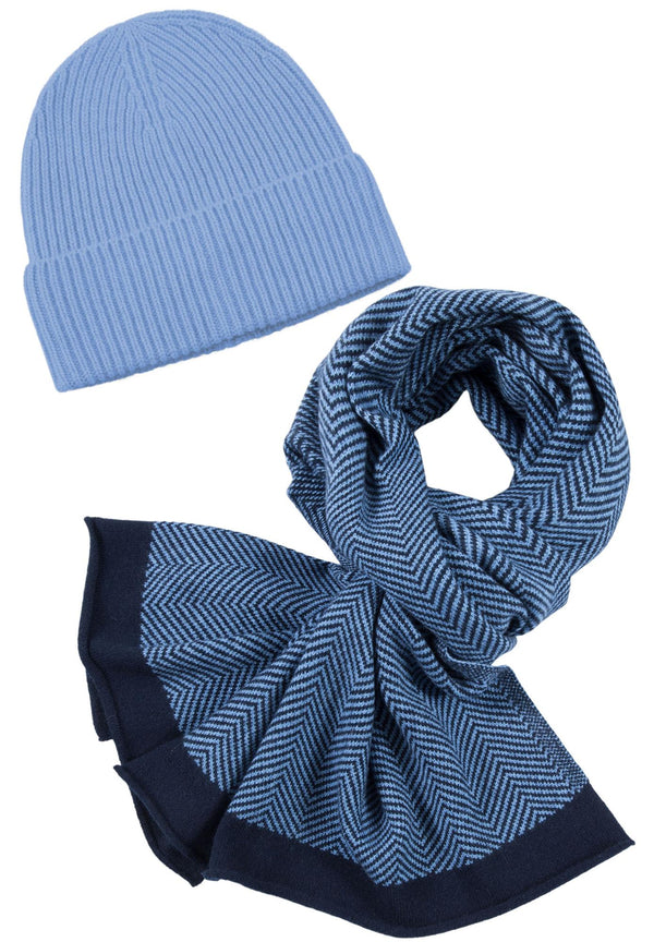 Kaschmir-Mütze, hoch + Schal mit Fischgrät-Muster - Himmelblau