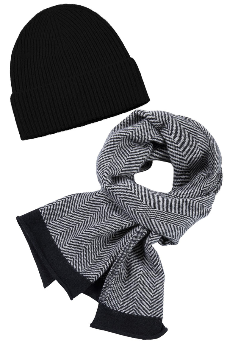 Kaschmir-Mütze, hoch + Schal mit Fischgrät-Muster - Schwarz