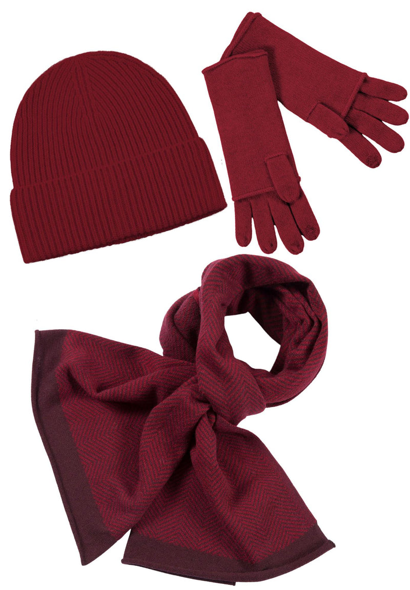 Kaschmir-Mütze, hoch, Handschuh + Schal mit Fischgrät-Muster - Rubin