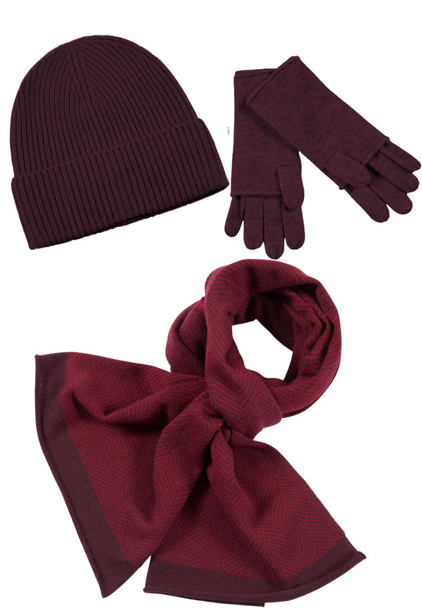 Kaschmir-Mütze, hoch, Handschuh + Schal mit Fischgrät-Muster - Vino