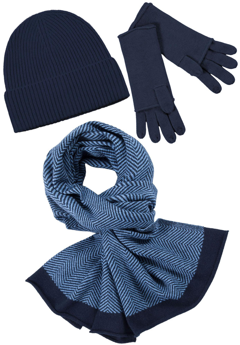 Kaschmir-Mütze, hoch, Handschuh + Schal mit Fischgrät-Muster - Marine