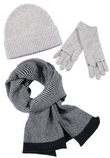 Kaschmir-Mütze, hoch, Handschuh + Schal mit Fischgrät-Muster - Silber meliert
