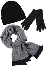 Kaschmir-Mütze, hoch, Handschuh + Schal mit Fischgrät-Muster - Schwarz