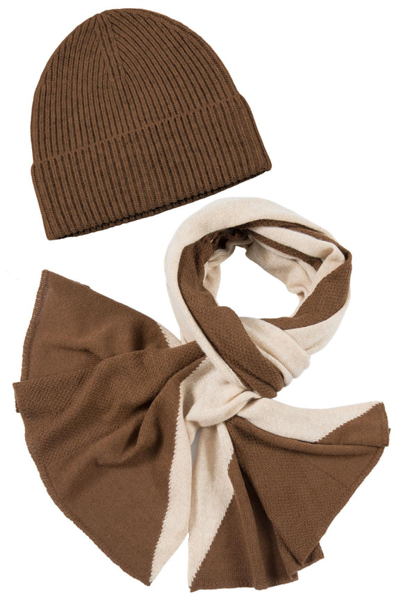 Kaschmir-Mütze, hoch + Schal mit geometrischem Muster - Mink