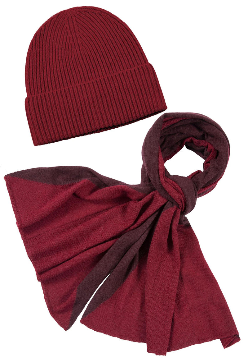 Kaschmir-Mütze, hoch + Schal mit geometrischem Muster - Rubin