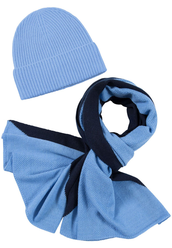 Kaschmir-Mütze, hoch + Schal mit geometrischem Muster - Himmelblau