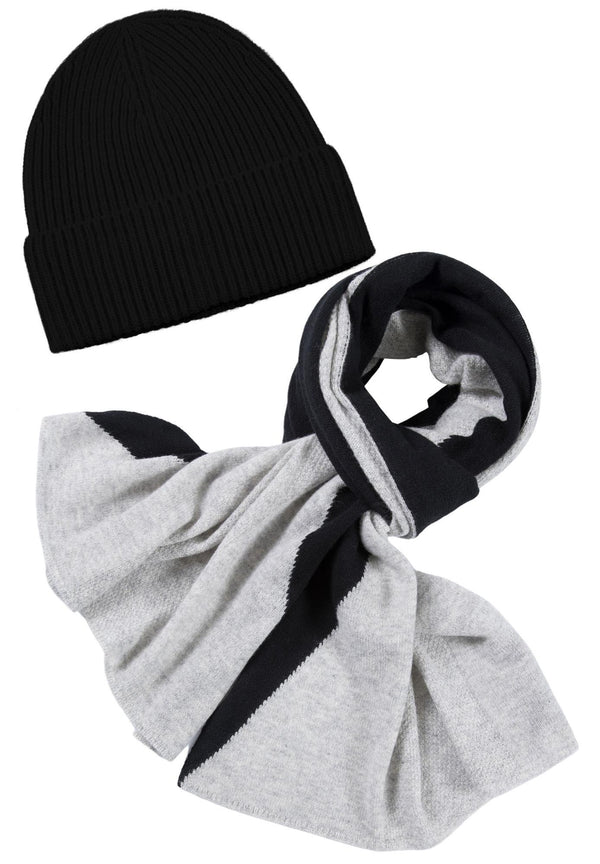 Kaschmir-Mütze, hoch + Schal mit geometrischem Muster - Schwarz
