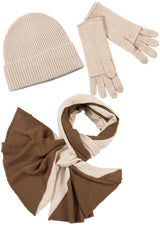 Kaschmir-Mütze, hoch, Handschuh + Schal mit geometrischem Muster - Beige meliert