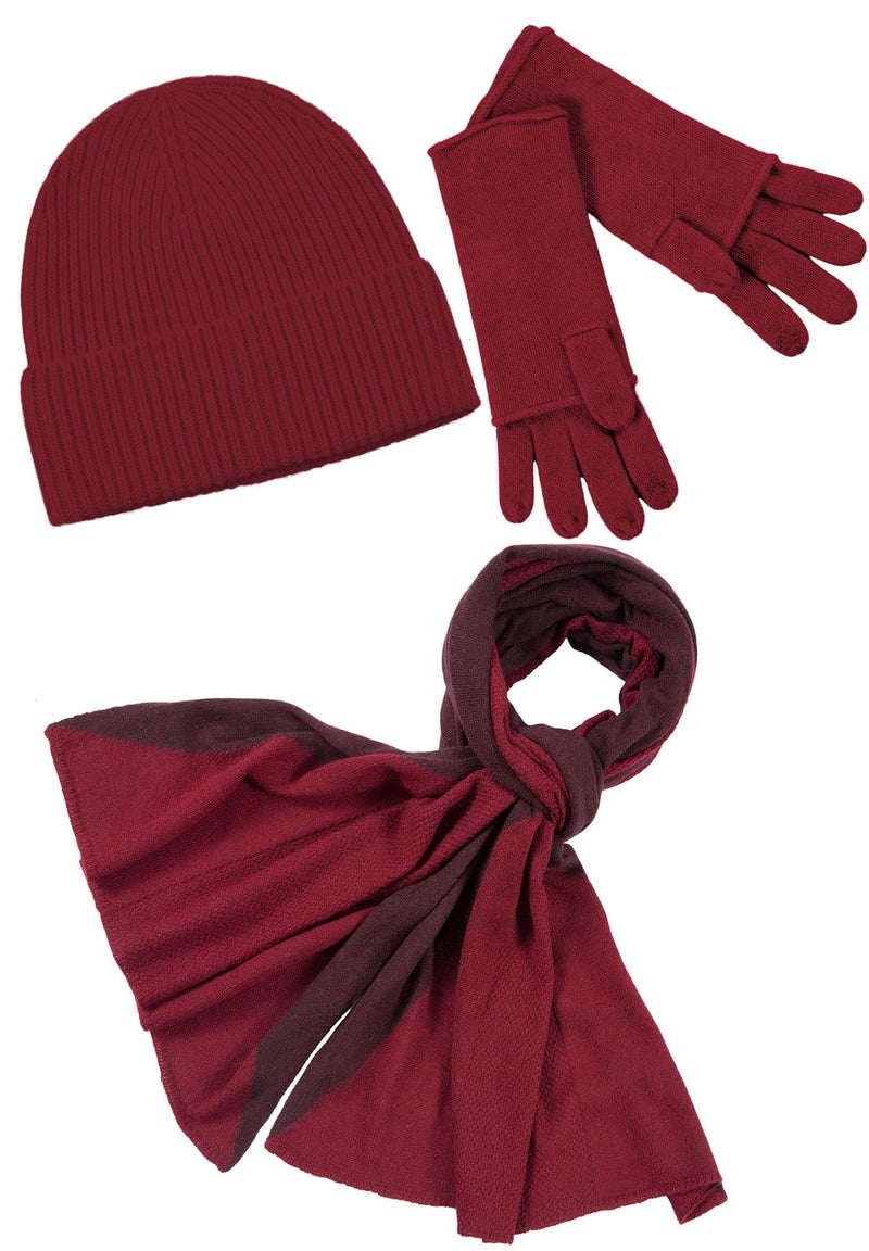 Kaschmir-Mütze, hoch, Handschuh + Schal mit geometrischem Muster - Rubin