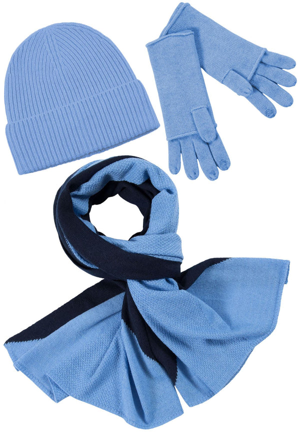 Kaschmir-Mütze, hoch, Handschuh + Schal mit geometrischem Muster - Himmelblau