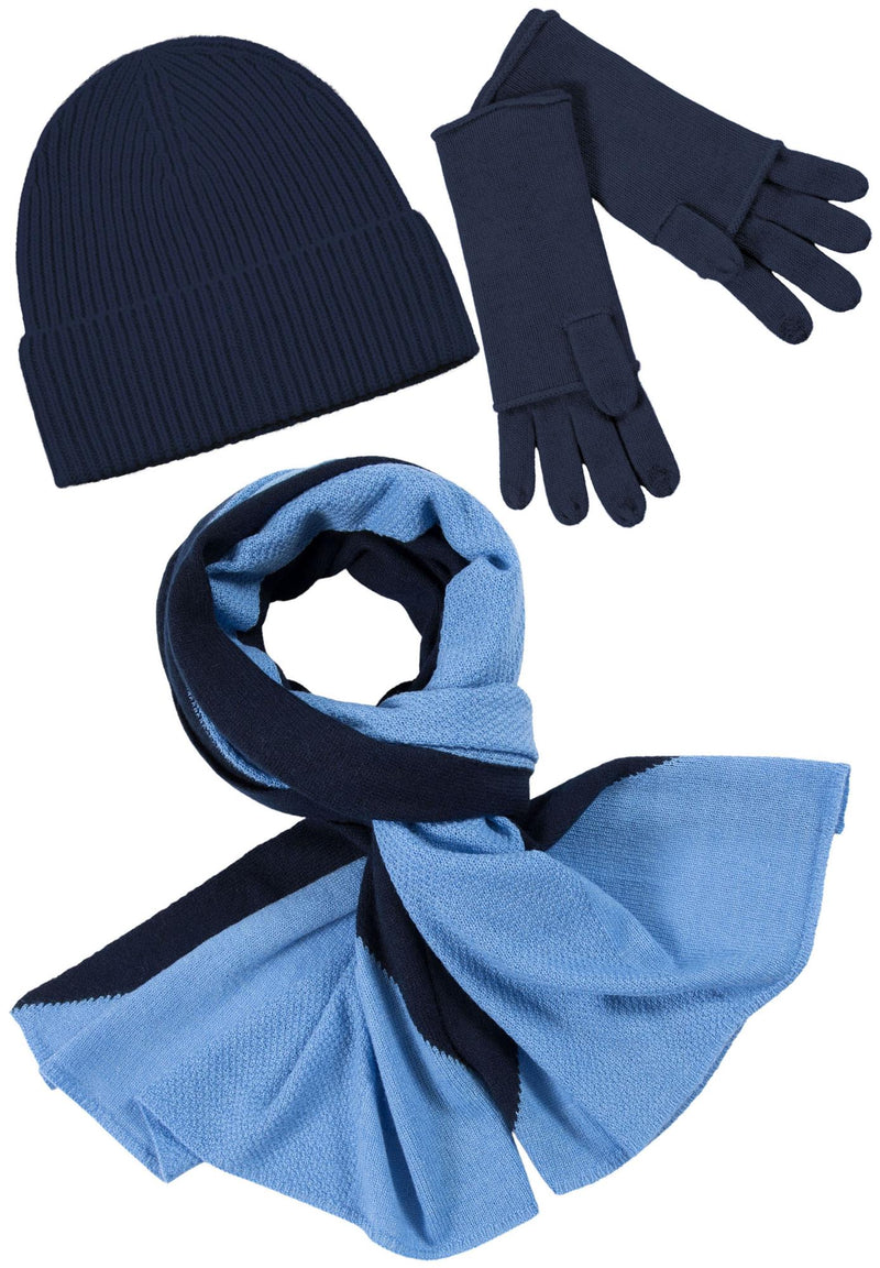 Kaschmir-Mütze, hoch, Handschuh + Schal mit geometrischem Muster - Marine