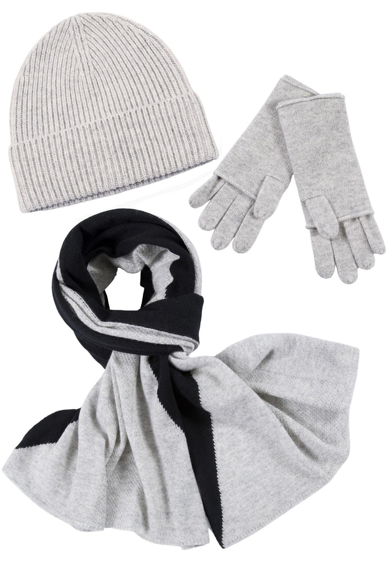 Kaschmir-Mütze, hoch, Handschuh + Schal mit geometrischem Muster - Silber meliert