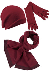Kaschmir-Beanie, Handschuh + Schal mit Fischgrät-Muster - Rubin