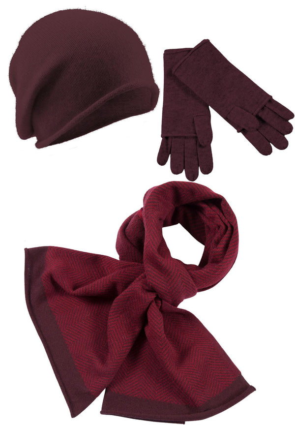 Kaschmir-Beanie, Handschuh + Schal mit Fischgrät-Muster - Vino