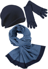 Kaschmir-Beanie, Handschuh + Schal mit Fischgrät-Muster - Marine