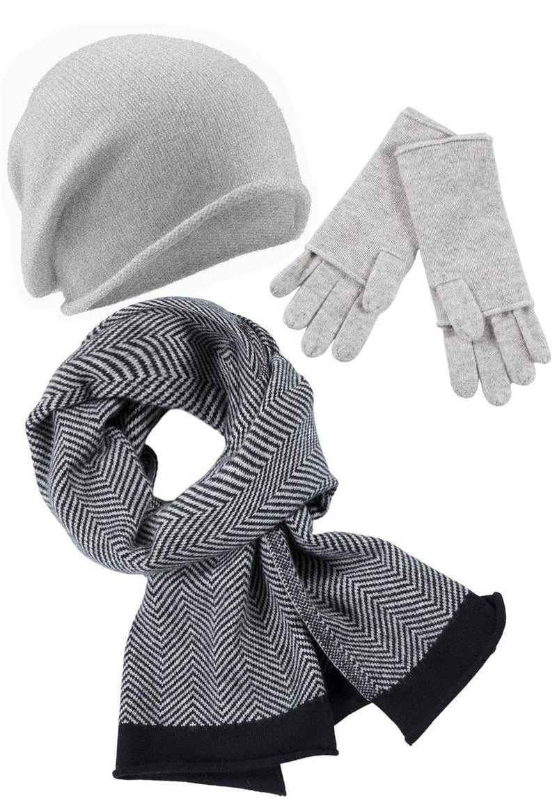 Kaschmir-Beanie, Handschuh + Schal mit Fischgrät-Muster - Silber meliert