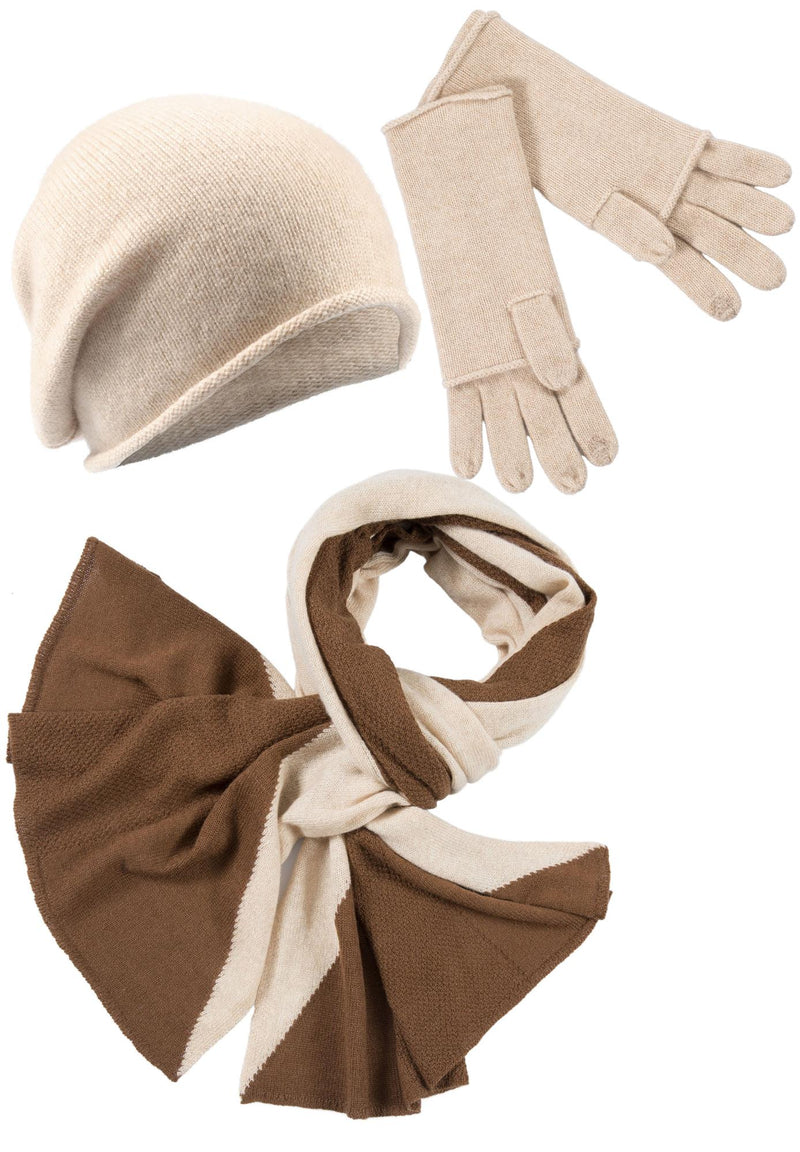 Kaschmir-Beanie, Handschuh + Schal mit geometrischem Muster - Beige meliert