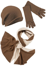 Kaschmir-Beanie, Handschuh + Schal mit geometrischem Muster - Mink