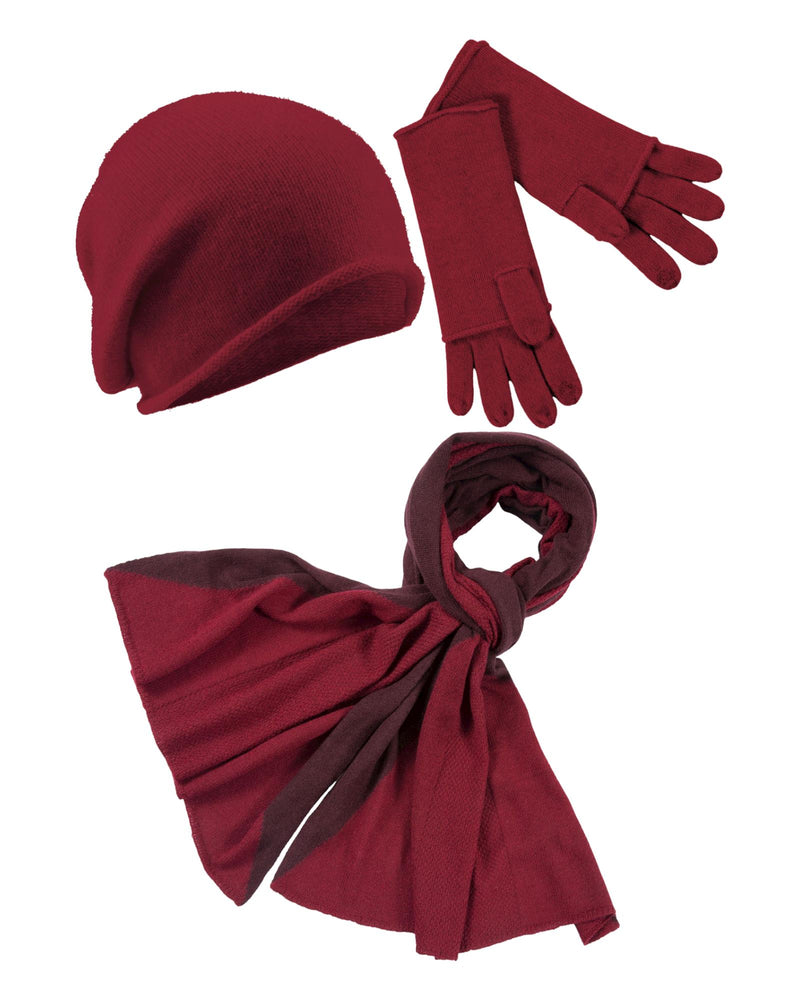 Kaschmir-Beanie, Handschuh + Schal mit geometrischem Muster - Rubin