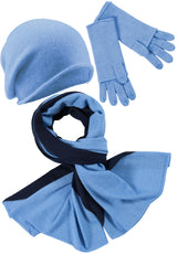 Kaschmir-Beanie, Handschuh + Schal mit geometrischem Muster - Himmelblau