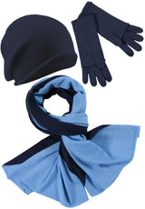 Kaschmir-Beanie, Handschuh + Schal mit geometrischem Muster - Marine