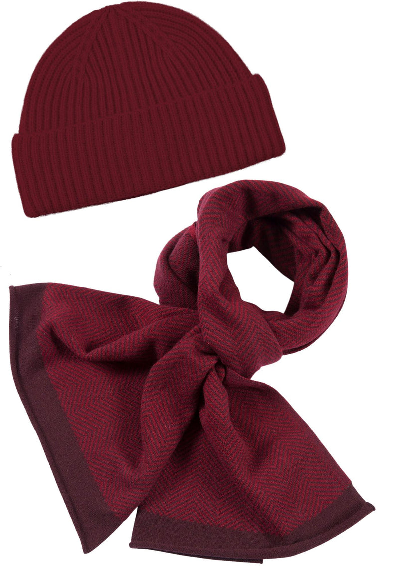 Kaschmir-Mütze + Schal mit Fischgrät-Muster - Rubin