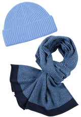 Kaschmir-Mütze + Schal mit Fischgrät-Muster - Himmelblau