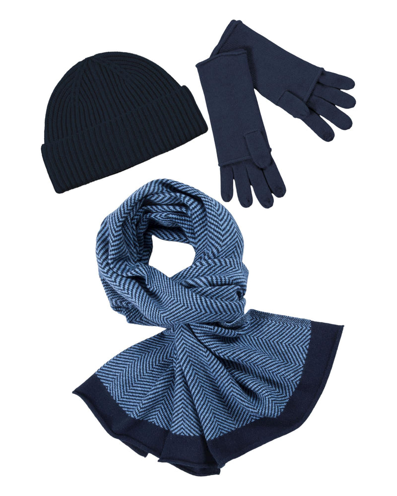 Kaschmir-Mütze, Handschuh + Schal mit Fischgrät-Muster - Marine