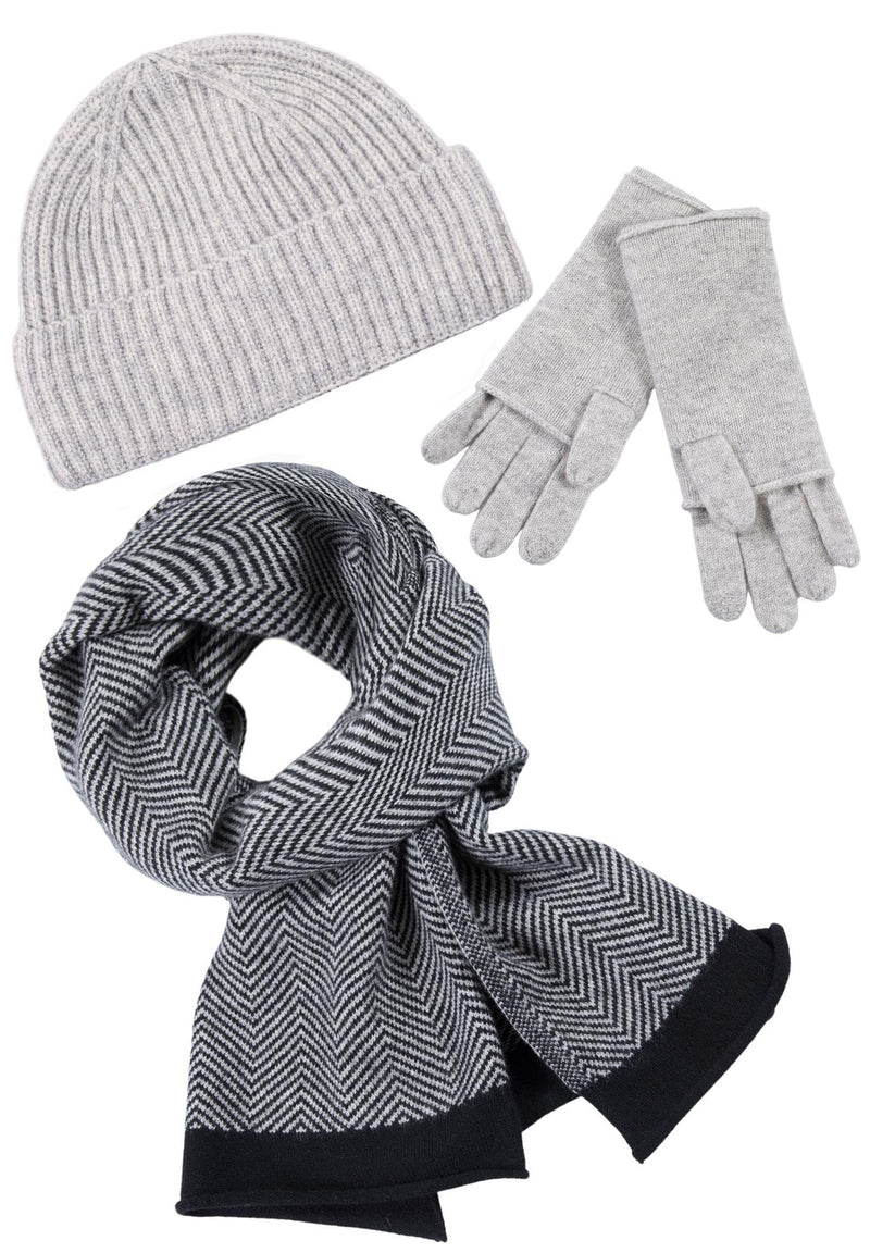 Kaschmir-Mütze, Handschuh + Schal mit Fischgrät-Muster - Silber meliert