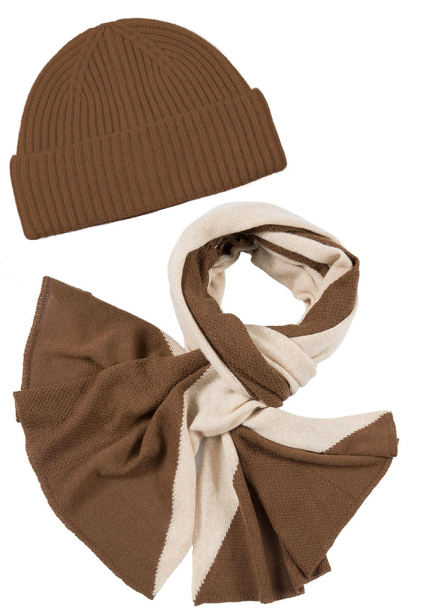 Kaschmir-Mütze + Schal mit geometrischem Muster - Mink
