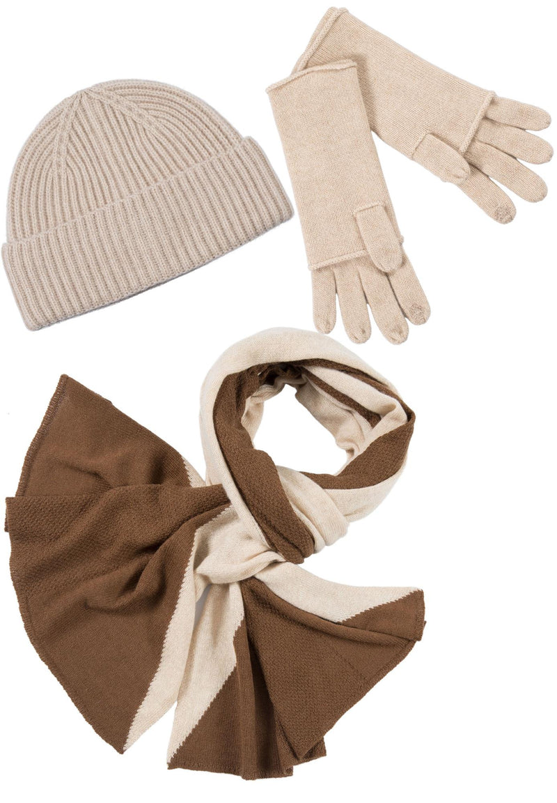 Kaschmir-Mütze, Handschuh + Schal mit geometrischem Muster - Beige meliert