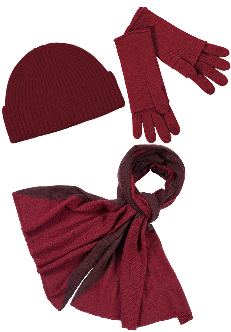 Kaschmir-Mütze, Handschuh + Schal mit geometrischem Muster - Rubin
