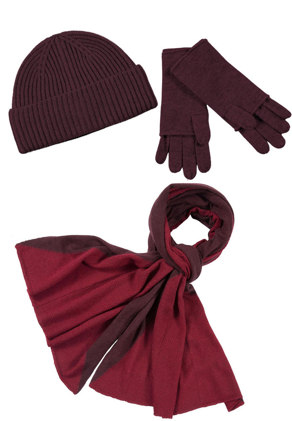 Kaschmir-Mütze, Handschuh + Schal mit geometrischem Muster - Vino