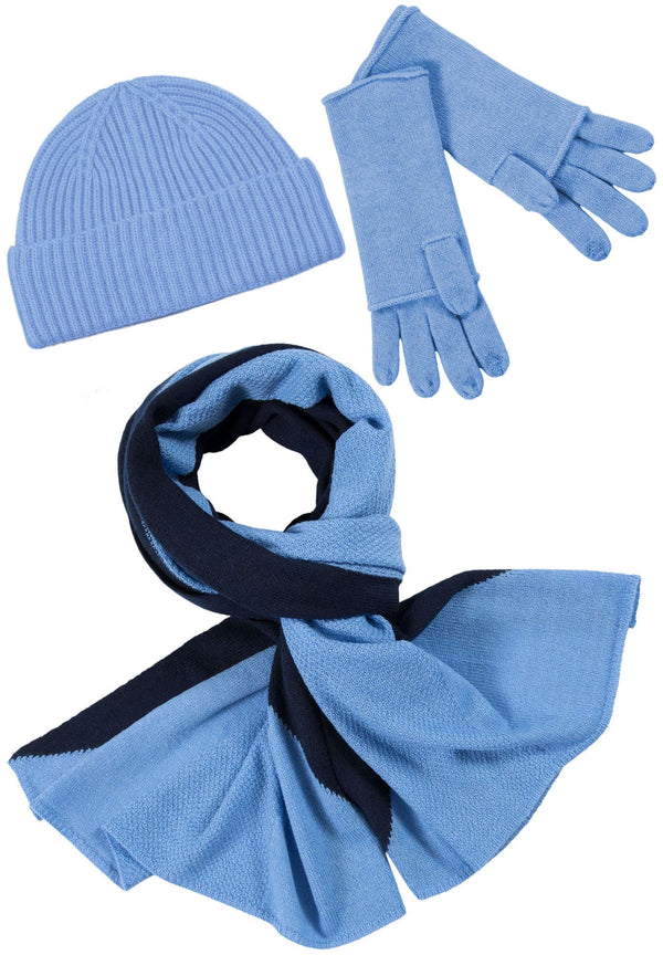 Kaschmir-Mütze, Handschuh + Schal mit geometrischem Muster - Himmelblau
