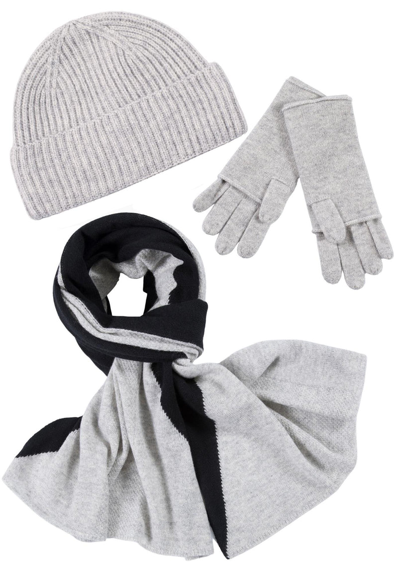 Kaschmir-Mütze, Handschuh + Schal mit geometrischem Muster - Silber meliert