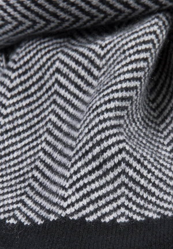 Kaschmir-Mütze + Schal mit Fischgrät-Muster - Schwarz